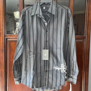 NWT Level Ten Men’s Button Down Black Stripe Shirt Size Medium